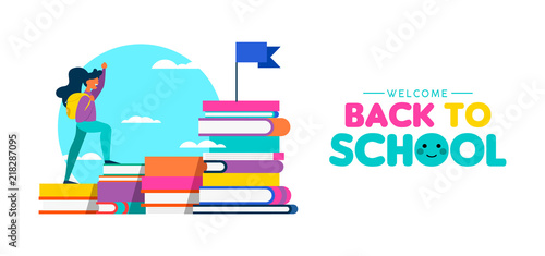 Girl climbing books for back to school web banner