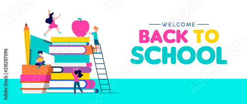 Back to school web banner of children and books