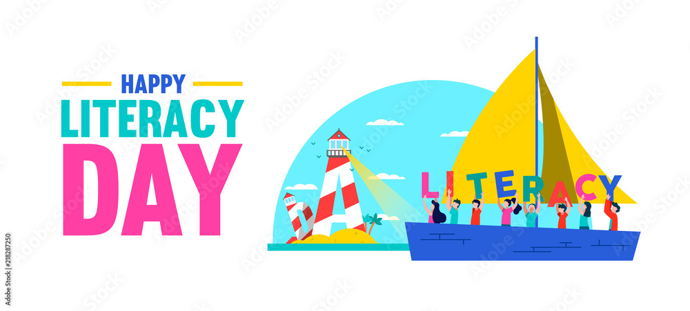 Naklejka premium Literacy Day web banner concept for kid education