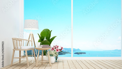 Living room with sea view and bright sky in hotel or resort - Simple design artwork for summer time - 3D Rendering © CHOTi