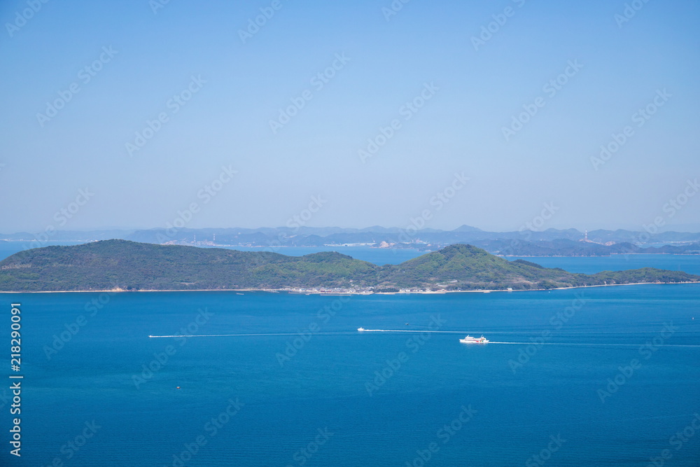 Seascape of the Seto Inland Sea,islands and ferryboat,Yashima,Shikoku,Japan
