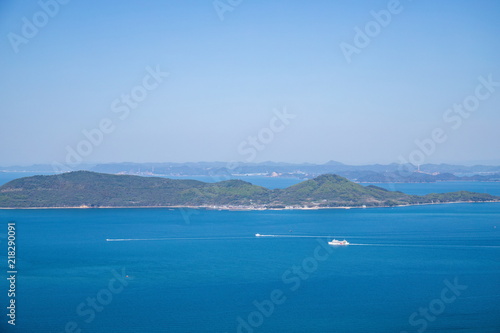 Seascape of the Seto Inland Sea,islands and ferryboat,Yashima,Shikoku,Japan