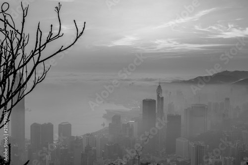 Canvas Print Misty and Cloudy view at Hong Kong in B&W color