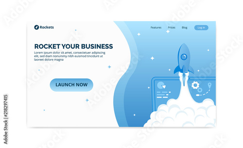Launch rocket startup business website template. Web landing page header homepage layout site ui interface