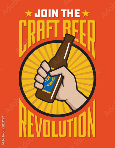 Craft Beer Revolution vector badge or label design. Fist holding a bottle of craft beer in retro logo banner design.