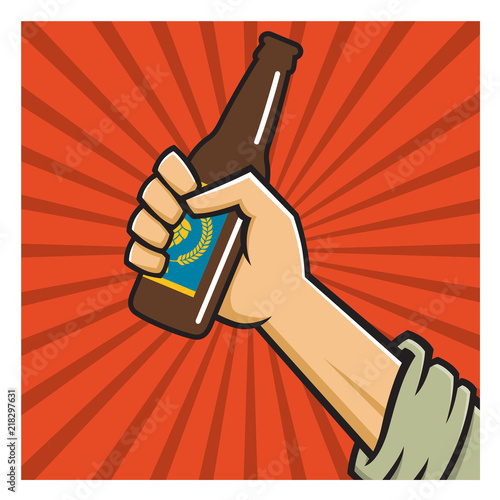 Craft Beer Revolution vector badge or label design. Fist holding a bottle of craft beer in retro logo banner design.