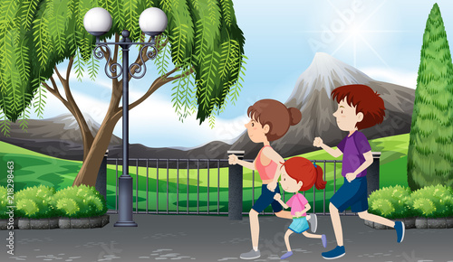 Family on a run park scene