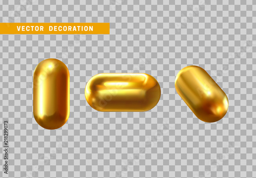 Set 3d shape isolated golden capsule on transparent background.