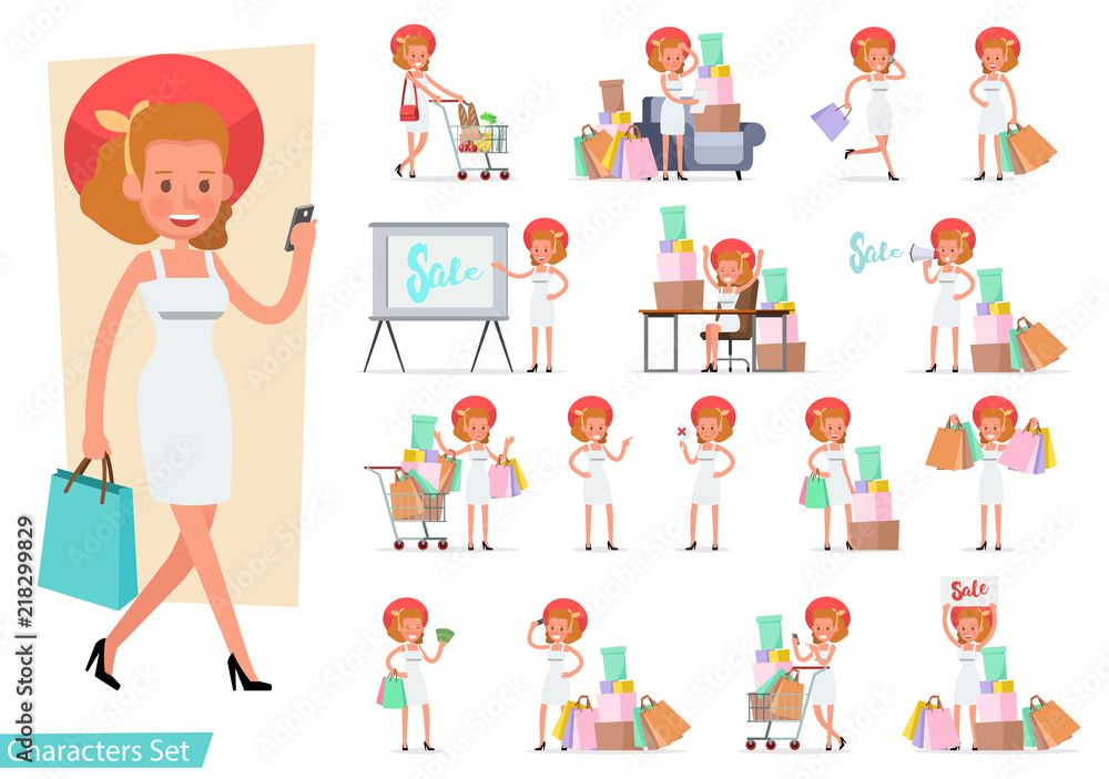 Set of shopping women characters vector design. Set of shopping women characters vector design.