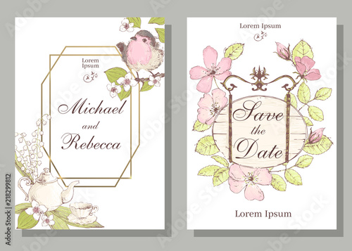 Set of card with robin bird, wiid rose, leaves and geometrical f