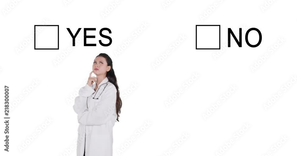 Thoughtful female doctor looks confused to choose Yes or No. Shot in 4k resolution, isolated on white background Thoughtful female doctor looks confused to choose Yes or No. Shot in 4k resolution, isolated on white background