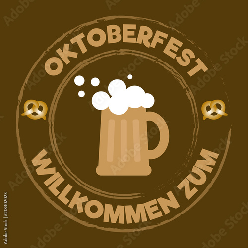 Oktoberfest. Mug with beer, foam. Pretzel. The text is in a circle. Stamp for printing, for flyer and t-shirt.