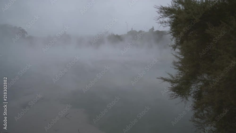 View into the fog, steam of the worm water of a thermal lake with a tree in the foreground. The water is steaming with Sulphur exhalation. The fog is moving revealing the lake surface, light blue. View into the fog, steam of the worm water of a thermal lake with a tree in the foreground. The water is steaming with Sulphur exhalation. The fog is moving revealing the lake surface, light blue.
