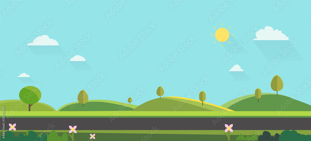 Nature landscape background. cute flat design.Green Hills with blue sky.Public park with nature and street.Vector illustration Nature landscape background. cute flat design.Green Hills with blue sky.Public park with nature and street.Vector illustration