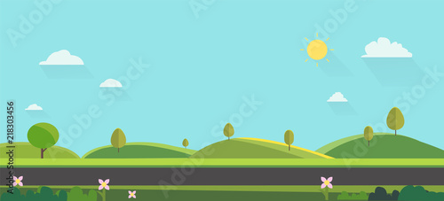 Nature landscape background. cute flat design.Green Hills with blue sky.Public park with nature and street.Vector illustration