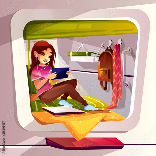 Girl in capsule hotel vector illustration of traveler young woman in pod hostel chatting on smartphone or watching internet tablet. Room interior of bed, shelf and clothes hanger or window