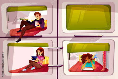 People in capsule hotel vector illustration of young boy and girl traveler in pod hostel. Backpacker students in room interior chat on smartphone or watch internet tablet and drink coffee on bed