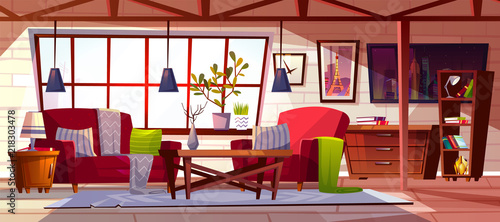 Loft lounge room interior vector illustration. Modern cozy spacious roof garret of cockloft apartments style with furniture, blanket on sofa, chair and velvet carpet with bookshelf