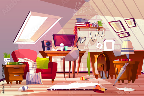 Messy room interior vector illustration. Cartoon garret or attic flat in clutter. Girl bedroom or living room thins in chaos, dust on furniture and scattered clothes on chair and bed or web in corner