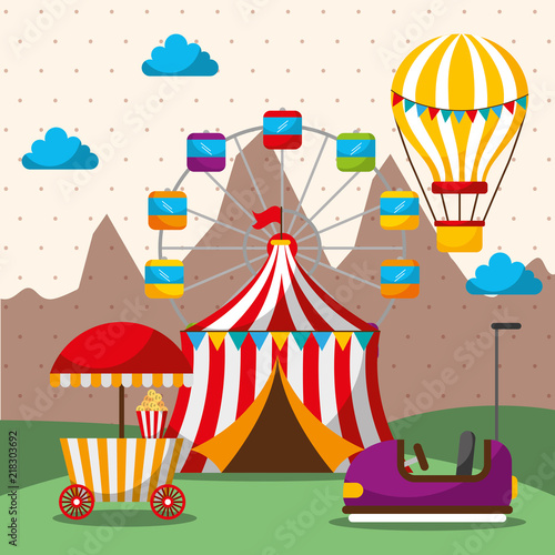 tent ferris wheel hot air balloon bumper car carnival fun fair festival
