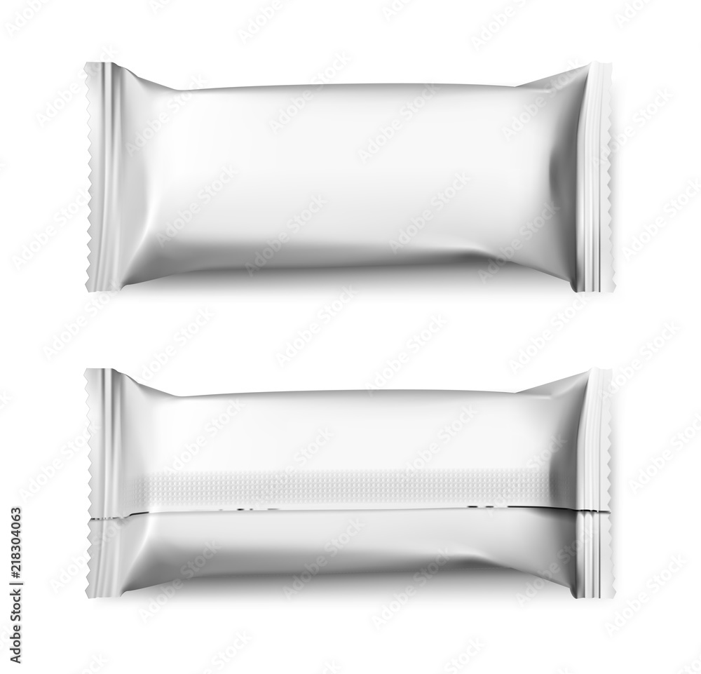 Universal mockups of blank flow pack. Front and back view. Vector illustration isolated on white background, ready and simple to use for your design. EPS 10. Universal mockups of blank flow pack. Front and back view. Vector illustration isolated on white background, ready and simple to use for your design. EPS 10.