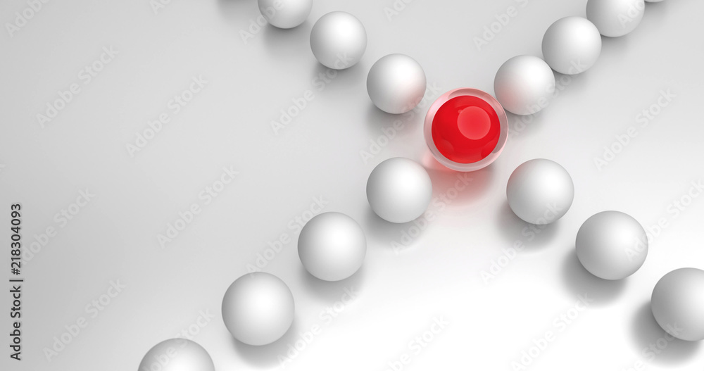 Zwei Linien aus Kugeln kreuzen sich. Im Mittelpunkt steht eine rote Kugel als Symbol für die Schnittmenge.