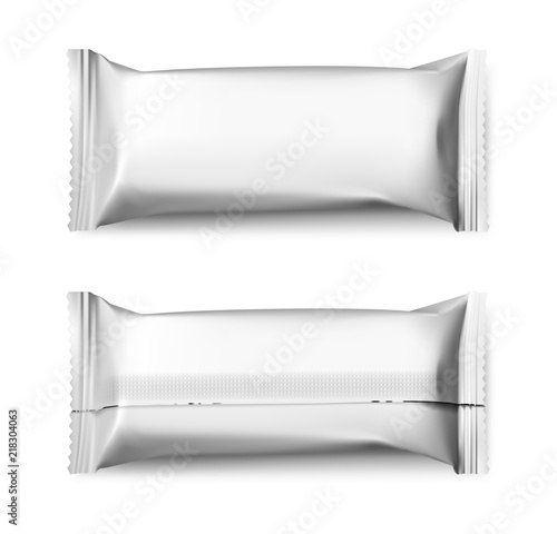 Universal mockups of blank flow pack. Front and back view. Vector illustration isolated on white background, ready and simple to use for your design. EPS 10.