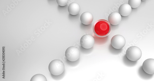 Zwei Linien aus Kugeln kreuzen sich. Im Mittelpunkt steht eine rote Kugel als Symbol für die Schnittmenge. photo