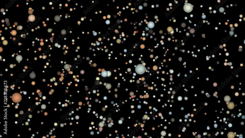 animated random colorful balls moving around on black background.