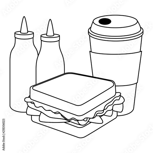 delicious sandwish with soda and sauces