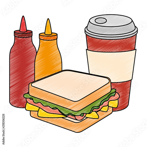 delicious sandwish with soda and sauces