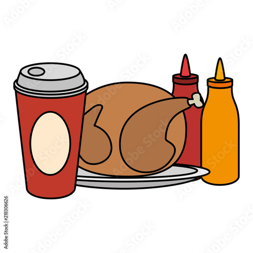 delicious chicken meat with sauces and soda