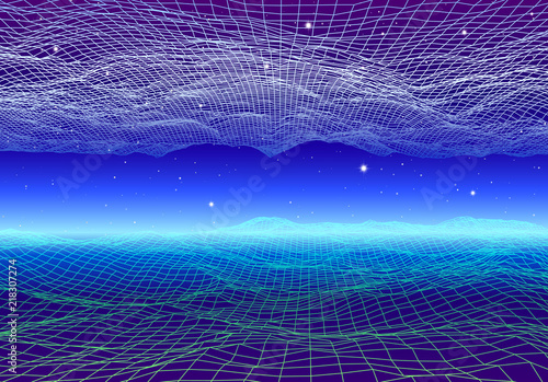 Retro neon background with 80s styled laser grid and stars