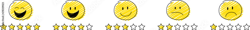 Set of review icons - star rating with cartoon stickman. Vector. - obrazy, fototapety, plakaty 
