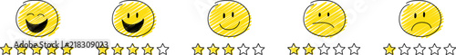 Set of review icons - star rating with cartoon stickman. Vector.