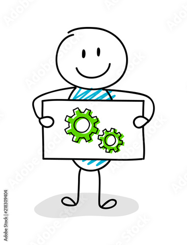 Smiley stickman holding board with gear (wheel) icon. Vector.