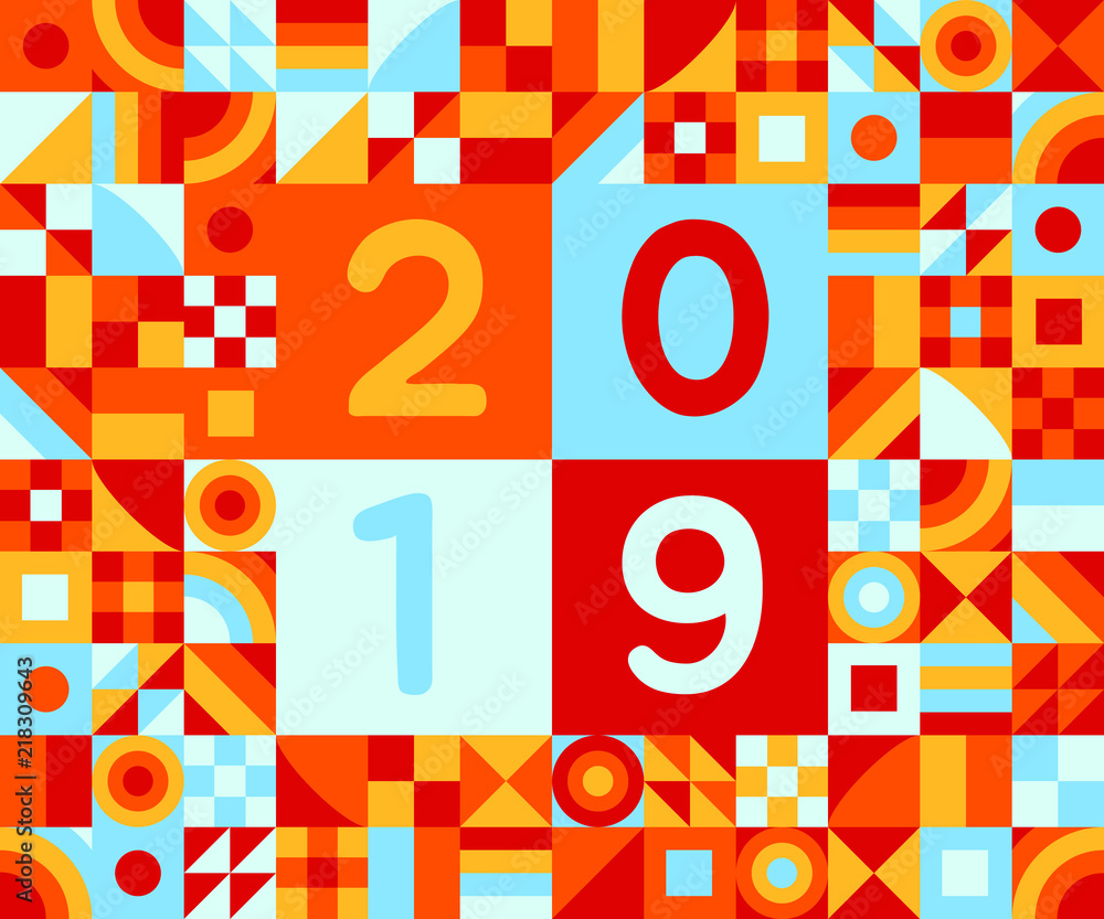 2019 happy new year of pig greeting postcard flat style design vector illustration with geometric color elements and numbers. 2019 happy new year of pig greeting postcard flat style design vector illustration with geometric color elements and numbers.