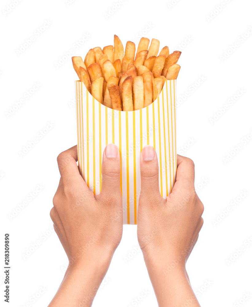 French fries in the paper bag isolated on white Stock Photo by