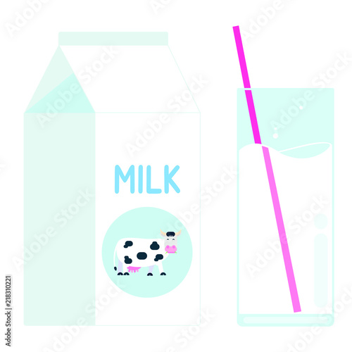 Diary product milk pack with cow in circle and glass of milk with straw flat style design vector illustration isolated on white background. Minimalistic flat design box package of milk and glass of it
