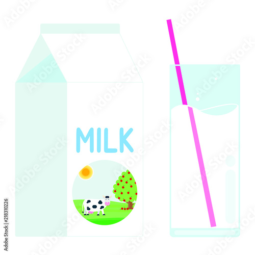 Diary product milk pack with cow on the field and glass of milk with straw flat style design vector illustration isolated on white background. Minimalistic flat design box package of milk and glass