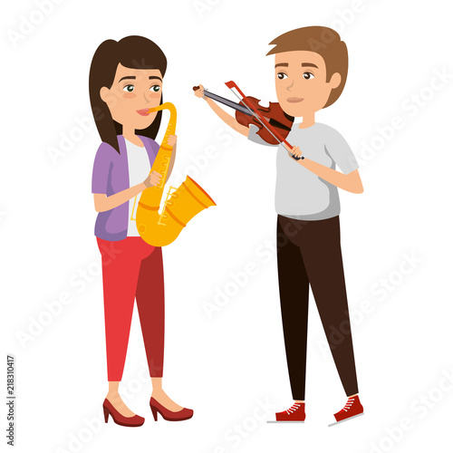 woman playing saxophone and man playing fiddle