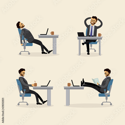 Caucasian Businessman or office worker in the workplace in various poses.