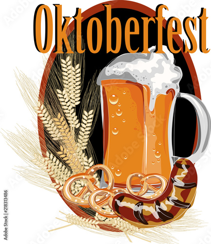beer mug with ears of corn, and snacks on a black background. Oktoberfest