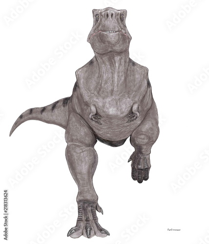 太り気味ティラノサウルス 樽のような体に正面からの画像としたため、太って見える。少し不真面目だが、それなりに丁寧な冗談に仕上げたイラスト。”Fat-Dinosaur"と名付けている。