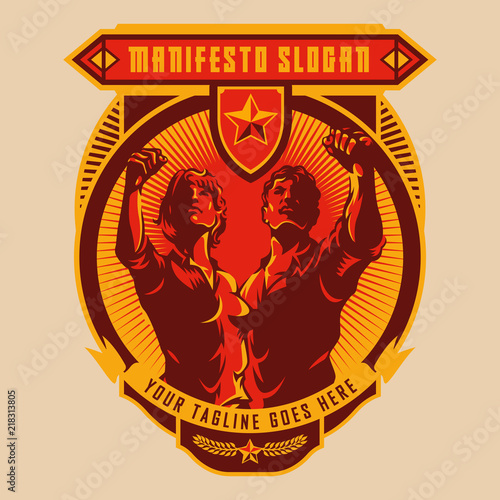 Revolution badge of Men and Women raised fist. Propaganda style. Protest fist. Retro revolution poster design.