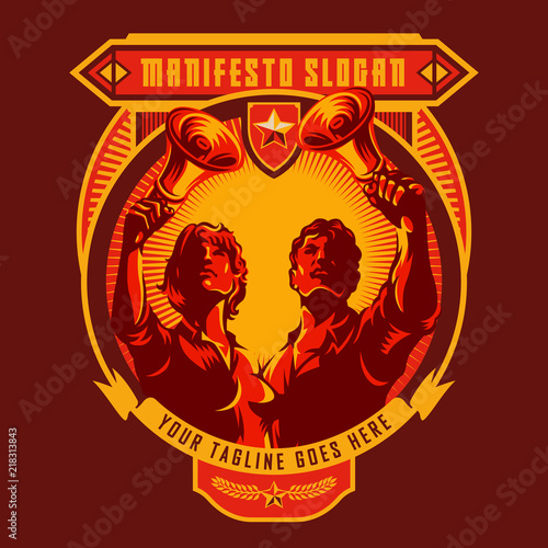 Revolution badge of Men and Women holding megaphone. Propaganda style. Protest fist. Retro revolution poster design.