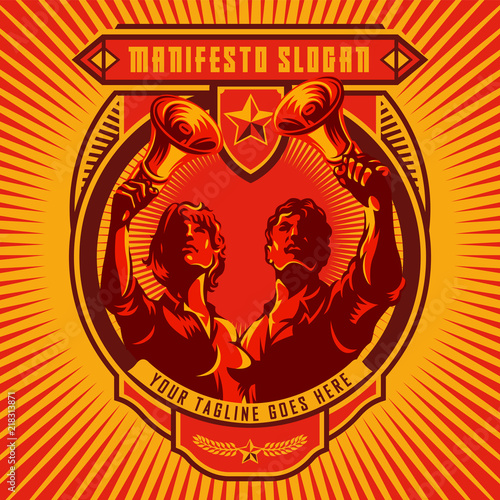 Revolution badge of Men and Women holding megaphone. Propaganda style. Protest fist. Retro revolution poster design.