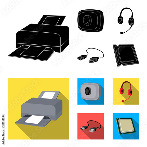 Webcam, headphones, USB cable, processor. Personal computer set collection icons in black,flat style vector symbol stock illustration web.