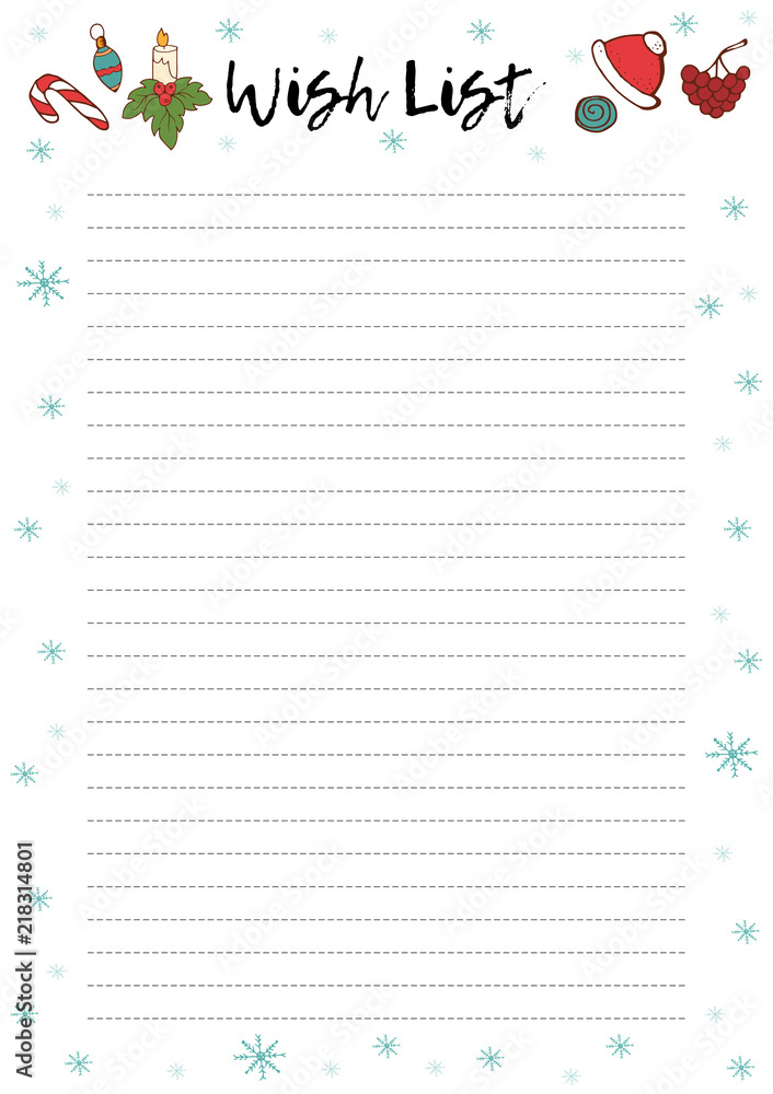 Wish List for Christmas. Christmas page with candy cane, ornaments, candle, Christmas red hat, hand drawn elements. Printable page, vector illustration. Wish List for Christmas. Christmas page with candy cane, ornaments, candle, Christmas red hat, hand drawn elements. Printable page, vector illustration.