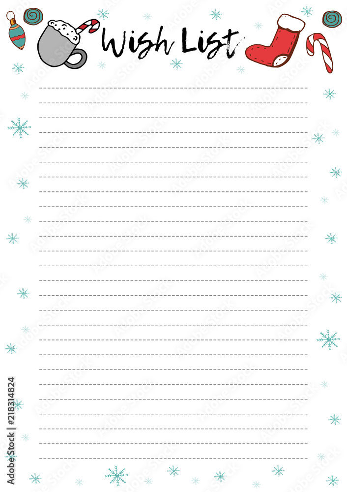 Wish List for Christmas. Christmas page with candy cane, mittens and dry orange, hand drawn elements. Printable page, vector illustration. Wish List for Christmas. Christmas page with candy cane, mittens and dry orange, hand drawn elements. Printable page, vector illustration.